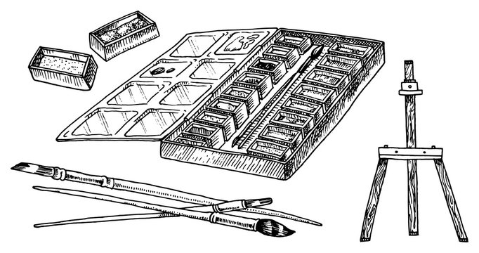 Paints and brushes for artists. Creative tools in vintage style. Engraved Hand Drawn Sketch.