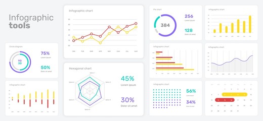 Elements of infographics on a white background. Use in presentation templates, flyer and leaflet, corporate report. Dashboard template with big data visualization.