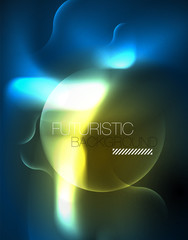 Neon glowing wave lines, blue hi-tech futuristic abstract background template