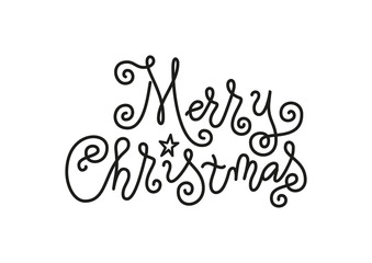 Modern mono line calligraphy lettering of Merry Christmas in black decorated with star isolated on white