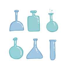 Empty Chemistry Test tubes vector sketch education and science illustration in color flat style. Set of Hand drawn glass flask bulb with on white background.