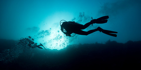 Scuba divers underwater, The Great Blue Hole, Belize Barrier Reef, Lighthouse Reef, Belize