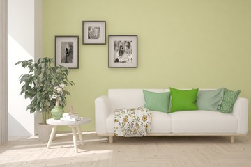 Stylish room in white color with sofa. Scandinavian interior design. 3D illustration