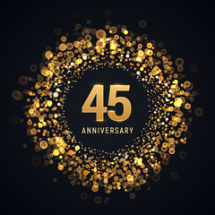 45 years anniversary isolated vector design element. Forty five birthday logo with blurred light effect on dark background - obrazy, fototapety, plakaty