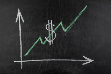 Dollar is rising up to the moon. Growing graph with green arrow on blackboard painting chalk