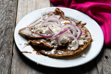 Mexican food: Mole sauce enchiladas with cream and fresh cheese