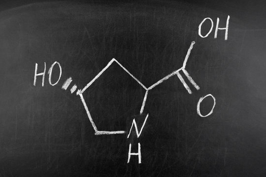 Hydroxyproline (Hyp) amino acid. Essential component of collagen on blackboard