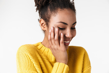 Image closeup of charming african american woman smiling and looking downward