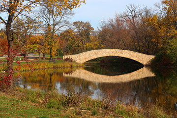 Beautiful fall landscape with a bridge in the city park. Colored trees and bridge in sunlight reflected in the water. Tenney Park, Madison, Midwest USA, Wisconsin.