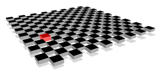 Red cube standing out from crowd of plenty identical fellows on 3d checkerboard plane. Leadership, uniqueness, independence, initiative, strategy, dissent, think different, business success concept.