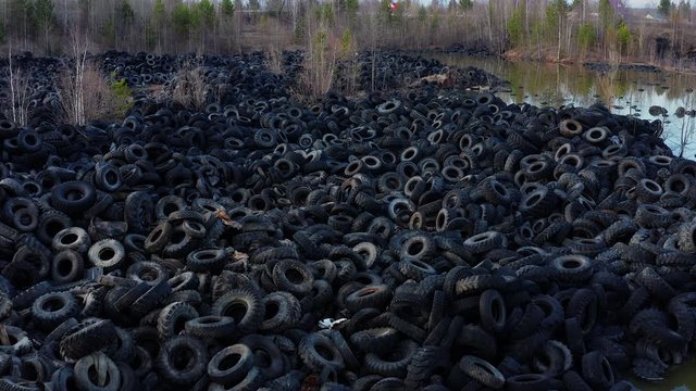 Aerial view of tire landfill. Environmental disaster.