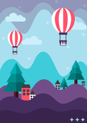 Purple mountain and turquoise green pine tree with houses and cute balloons floating in the pastel blue sky