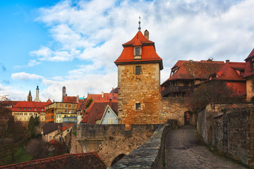 Fototapeta na wymiar Tower of the fortress wall in the city of Rothenburg ob der Tauber, Bavaria, Germany