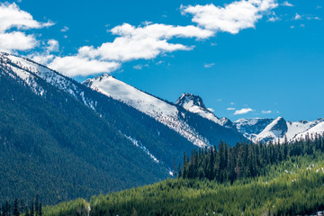 View of snow mountains at summer in British Columbia, Canada.