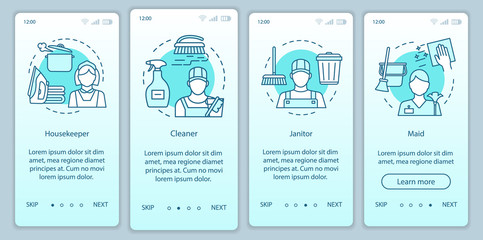 Cleaning agency staff onboarding mobile app page screen, linear concepts