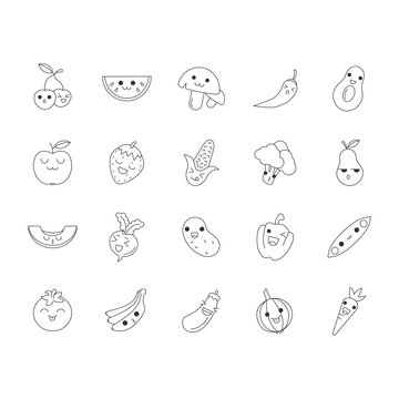 Vegetables and fruits cute kawaii linear characters