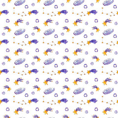 Hand painted watercolor space seamless pattern.