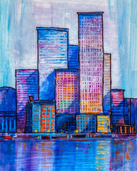 Abstract painting of urban skyscrapers. - 269427704