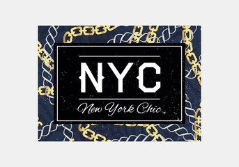 NYC slogan typography  on gold chain pattern background. Fashion t-shirt design. Girls tee shirt trendy print.