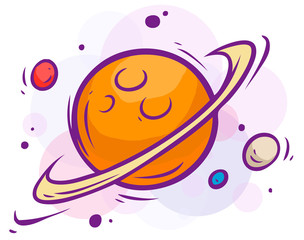 Cartoon colorful space illustration. Saturn, planets and stars. Vector icons