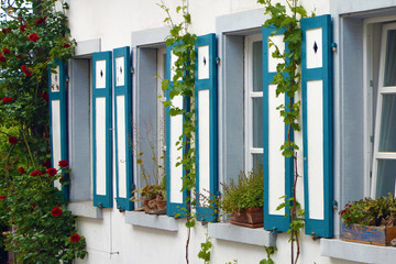 Fototapeta na wymiar Windows with blue wooden shutters and outdoor flower pots of old traditional European building