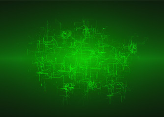 Digital connectivity, artificial intelligence and data storage concept. Emerging connections, conductors and neural signals over dark green background