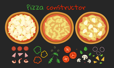 pizza constructor set dough base with sauce  ingredients and topping on black background