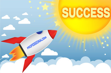 Fototapeta na wymiar Professionalism connects to success in business,work and life - symbolized by a cartoon style funny drawing with blue sky, yellow sun and red rocket, 3d illustration
