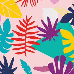 Tropical jungle leaves and flowers background. Colorful tropical poster design. Exotic leaves, flowers, plants and branches art print. Botanical pattern, wallpaper, fabric vector illustration design