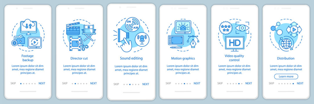 Video production onboarding mobile app page screen vector template