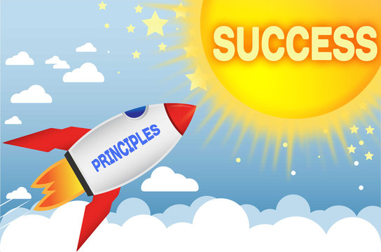 Principles connects to success in business,work and life - symbolized by a cartoon style funny drawing with blue sky, yellow sun and red rocket, 3d illustration