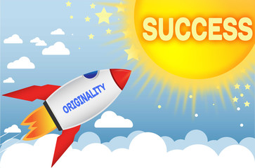 Originality connects to success in business,work and life - symbolized by a cartoon style funny drawing with blue sky, yellow sun and red rocket, 3d illustration