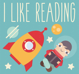 Cartoon Boy Reading and Imagine Himself in Space Outer.  Vector Illustration. Concept - Knowledge, Space, Wisdom. Retro Design. Retro Poster.