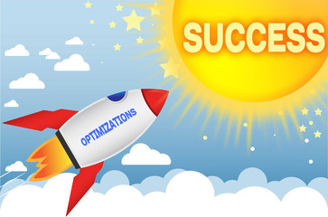 Fototapeta na wymiar Optimizations connects to success in business,work and life - symbolized by a cartoon style funny drawing with blue sky, yellow sun and red rocket, 3d illustration