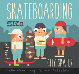 Skateboarding Poster - Group of Youth Skaters on Workout. Skating in Park. Skateboarders with Skateboards. Vector Illustration. Retro Design. Flat Style. Town Background.