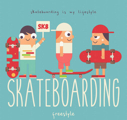 Skate Poster - Group of cartoon Youth Skaters on Big Letters Skateboarding. Skating in Park. Skateboarders with Skateboards. Vector Illustration. Retro Design. Flat Style.