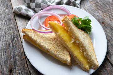 Grilled cheese sandwich with tomato and onion