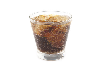 Cola with ice in glass isolated on white background