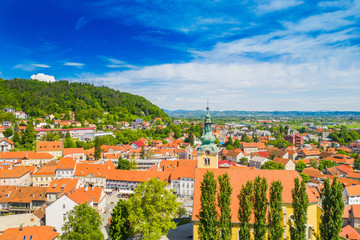 Croatia, town of Samobor, main square and church tower from drone, town skyline