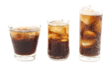 Cola with ice in 3 glass isolated on white background