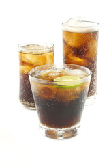 Cola with ice in 3 glass isolated on white background