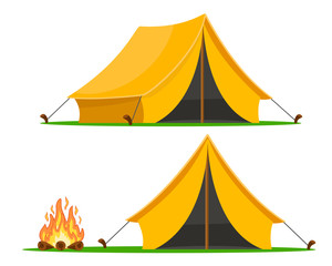 Tourist tent with different angles and a campfire on a white background. © innafoto2017