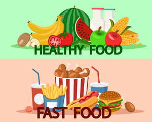 Fast food and healthy food fruits and vegetables.