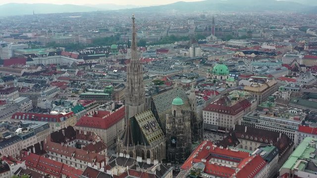 Aerial view of St. Stephen's Cathedral (Domkirche St. Stephan - romanesque and gothic style cathedral) in historic center of city Vienna - landscape panorama of Austria from above, Europe