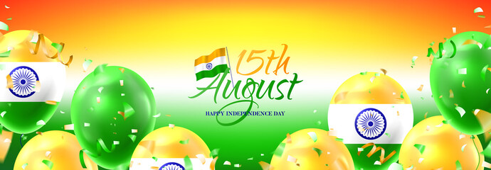Festive banner for Happy Independence day India. Vector illustration with realistic air balloons colored in national flag of India. Festive background with color serpentine and confetti.