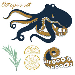 Vector octopus seafood set. Hand drawn octopus, tentacle, lemon and rosemary illustration.
