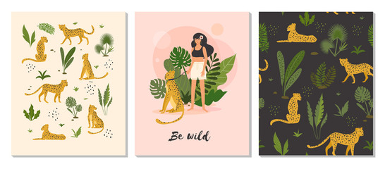 Be wild. Set of vector illustrations of woman with leopard and tropical leaves and seamless animal pattern. Perfect for poster, print, cards, t shirt and other © Colorlife
