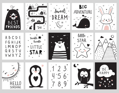 Nursery posters for baby room, cute animals, alphabet and quotes. Hand drawn vector illustration for prints, cards, t-shirts.