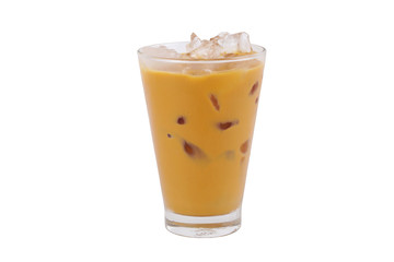 Thailand iced milk tea in glass on white background with clipping path