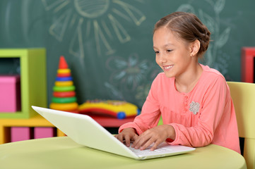 Portrait of emotional little girl using laptop while sitting at desk in classroom